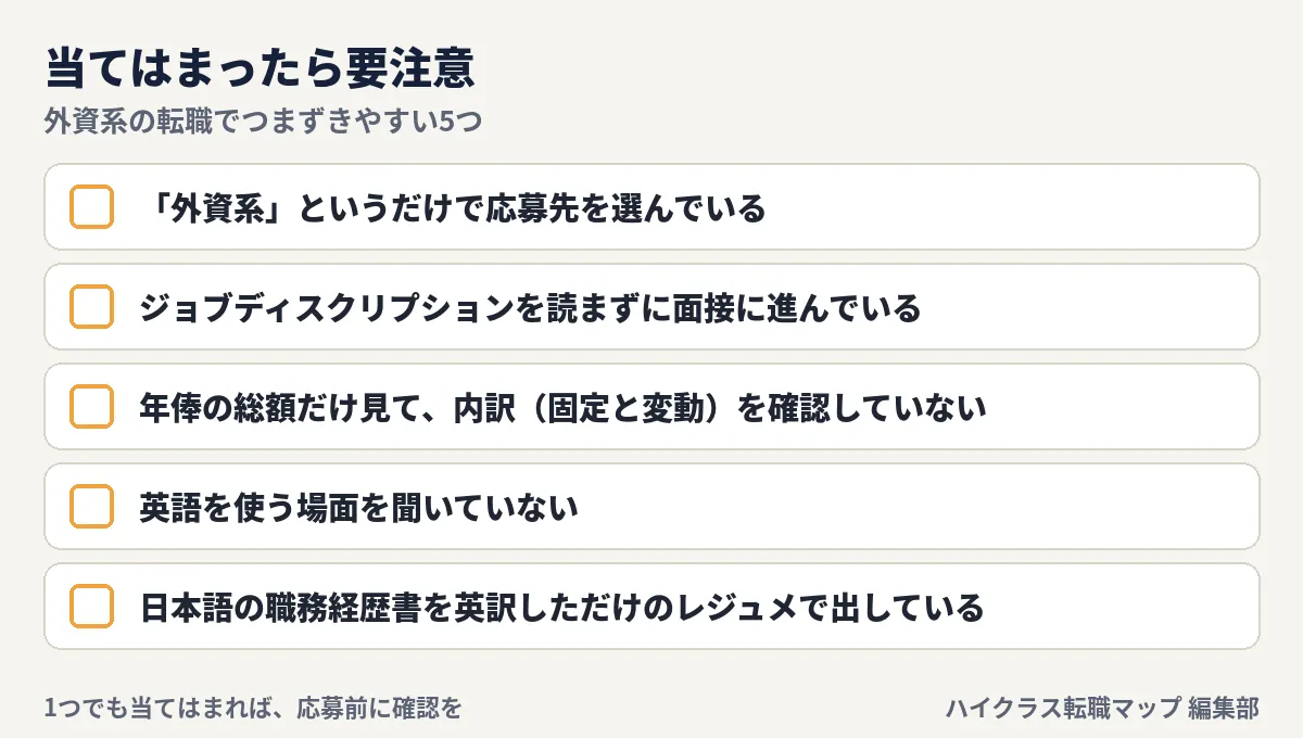 当てはまったら要注意のチェック5つ：外資系というだけで選んでいる、ジョブディスクリプションを読まずに面接に進む、年俸の総額だけ見て内訳を確認していない、英語を使う場面を聞いていない、職務経歴書を英訳しただけのレジュメ
